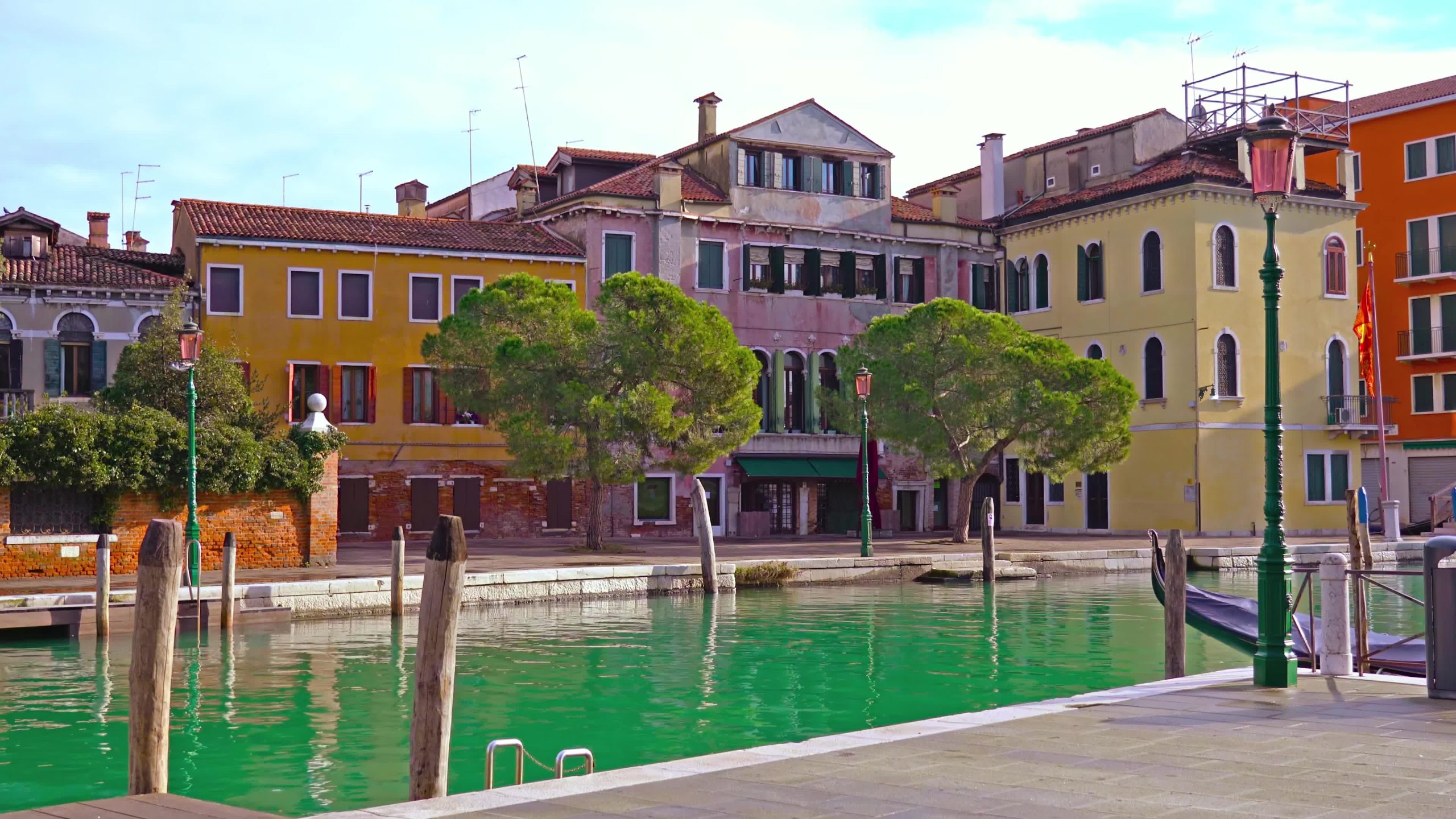 Case di Venezia con alberi verdi e canale con acqua