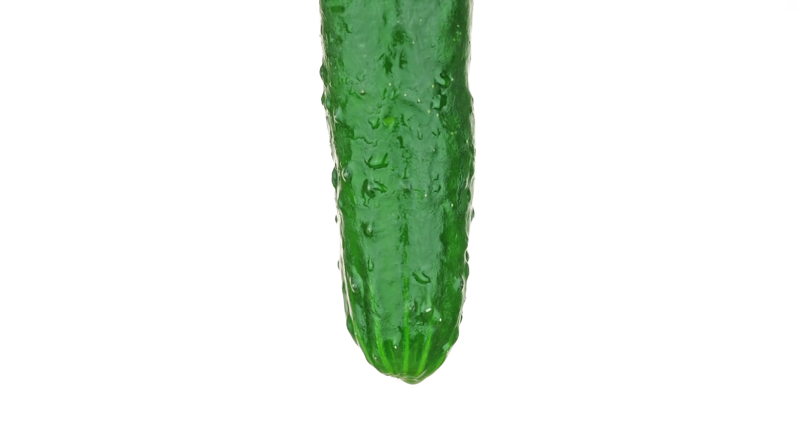 Tasty green cucumber rotates on white background