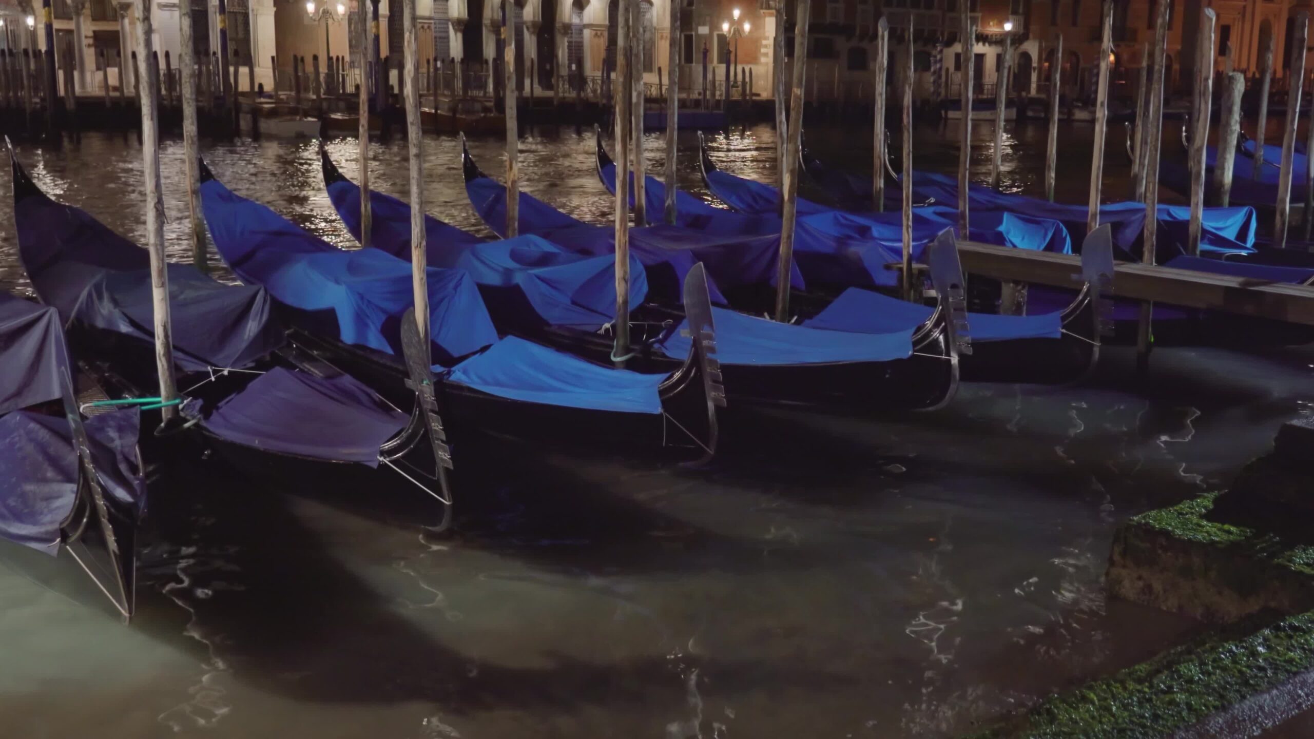 Condole veneziane coperte ormeggiate a pilastri oscillano sull’acqua