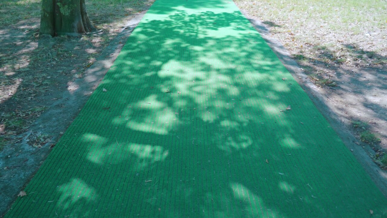 Corsia verde per fare jogging vicino agli alberi nel parco cittadino di Burano