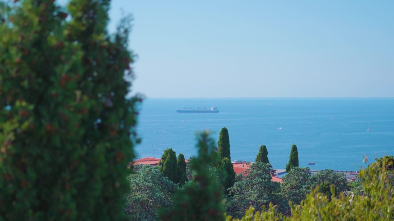 Vista sul mare con una nave da trasporto