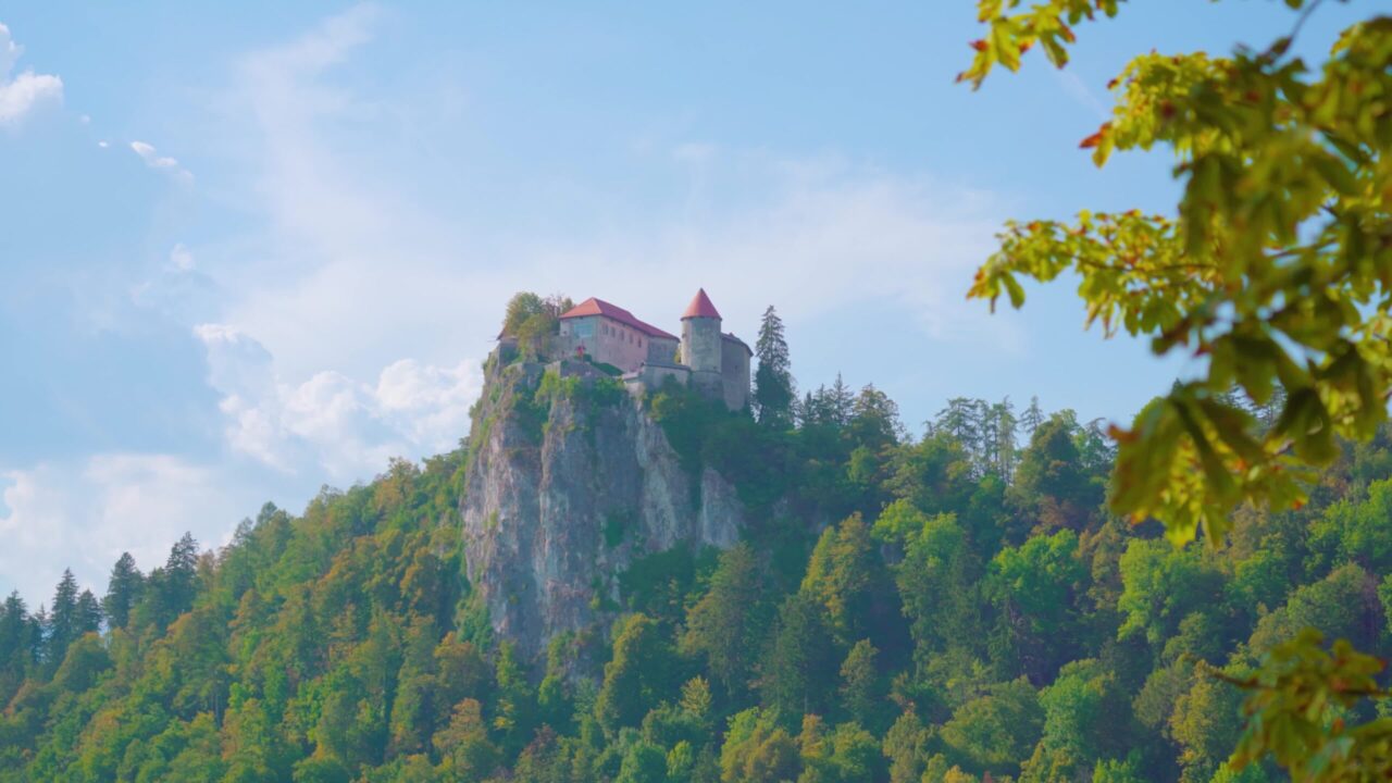 Bled castle built on top of cliff surrounded by lush trees