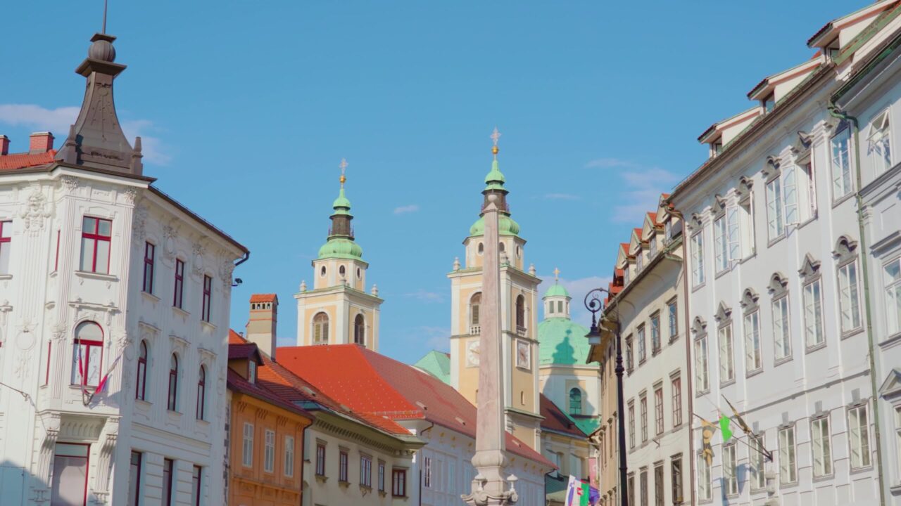 Ljubljana street with historical architectural buildings