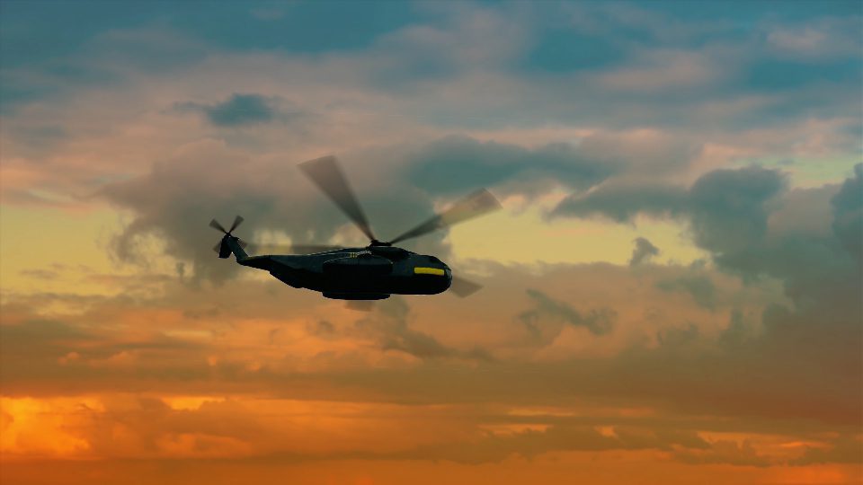 Silhouette of helicopter flies against cloudy sky at sunset
