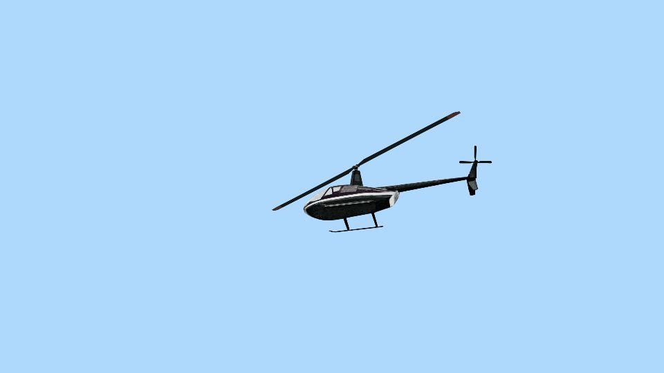 Elicottero nero con elica rotante contro il cielo blu