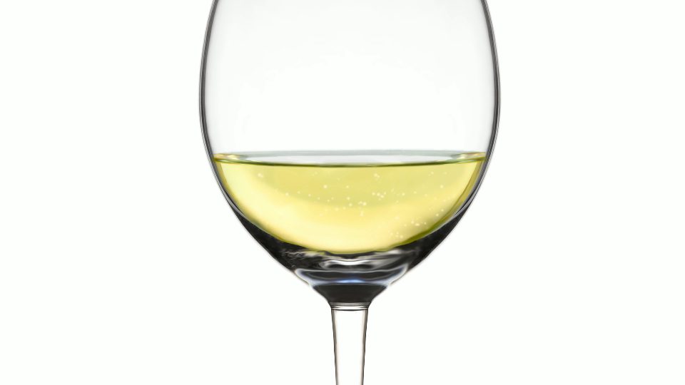 Goblet filling up with sparkling wine on white background