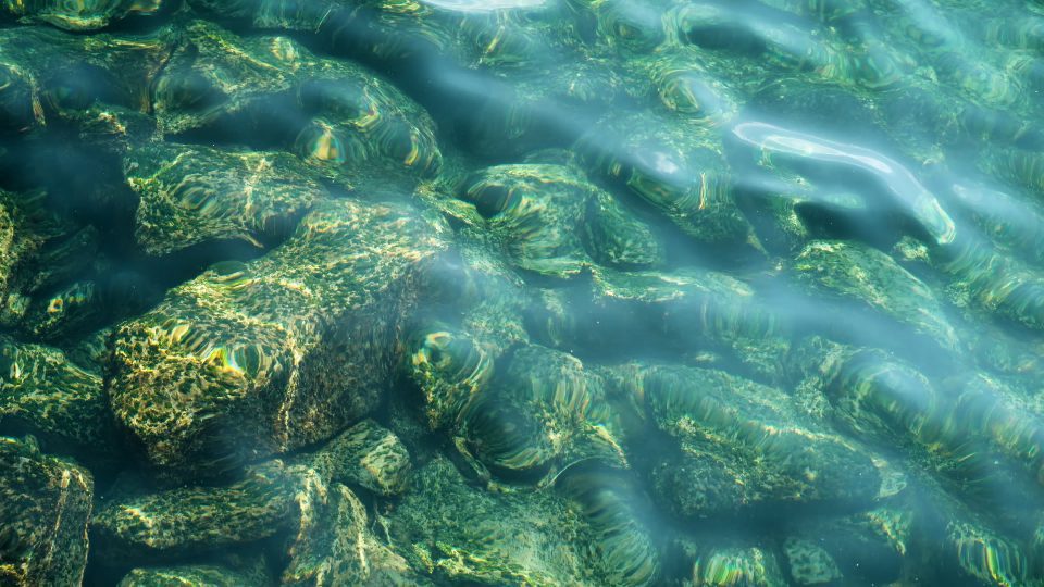 Superficie turchese di acque poco profonde trasparenti nel lago