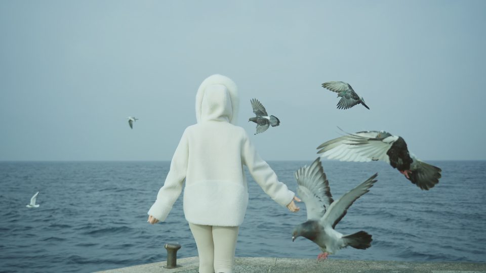 Donna e gli uccelli sull’argine al il lago di Garda