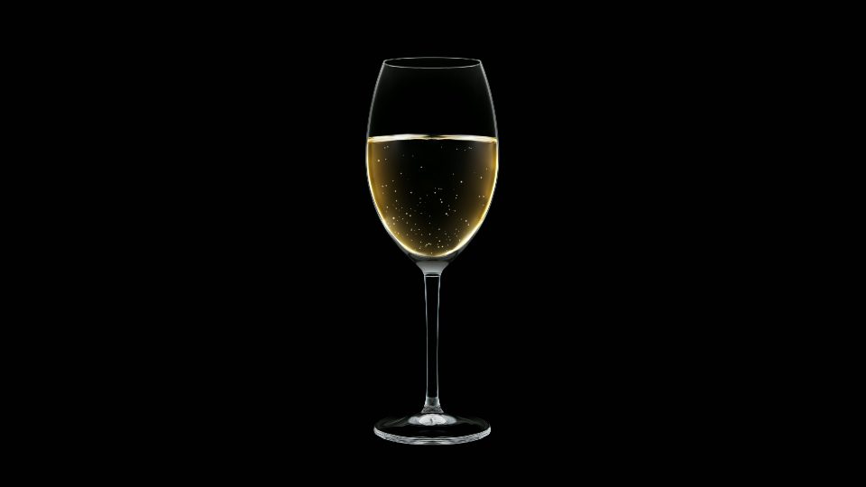 Il bicchiere vuoto di cristallo si riempie di vino su sfondo nero