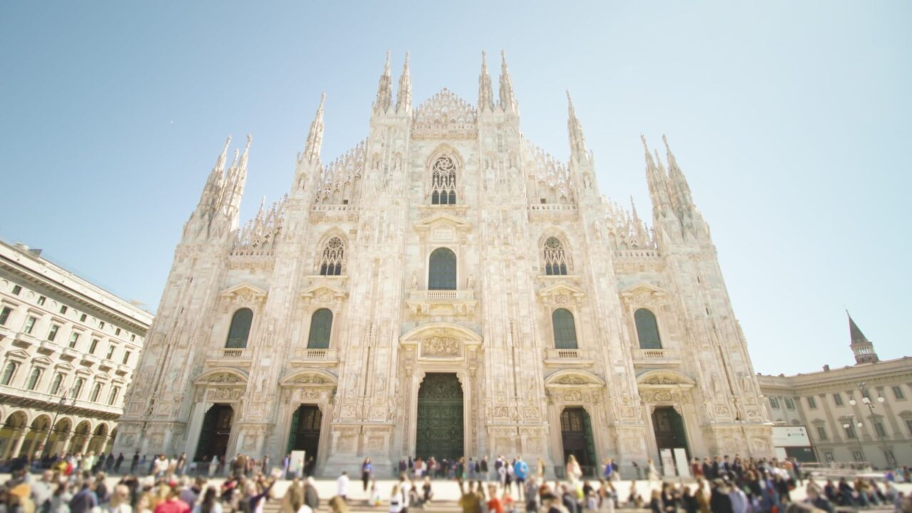 4K stock footage – Beautiful cathedral built in gothic style in center of Milan