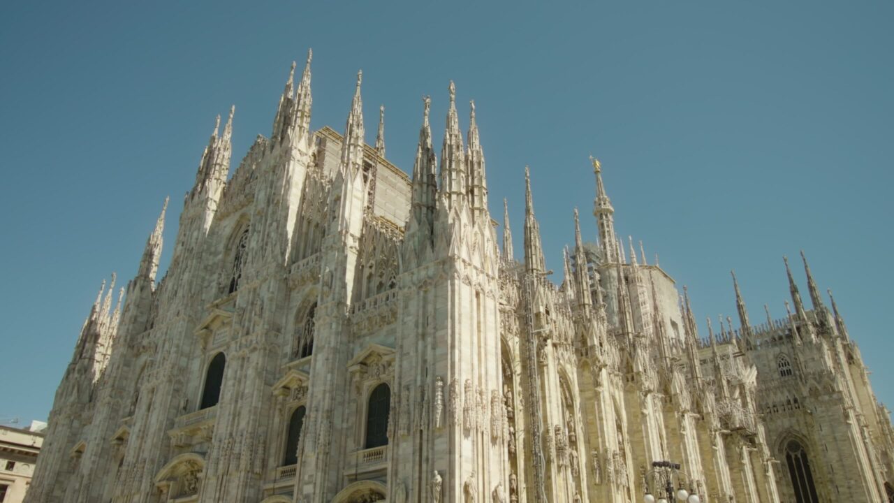 4K stock footage – Ancient Duomo cathedral with pinnacles and spires in Milan