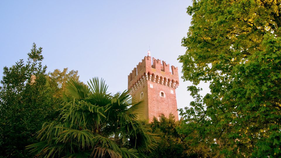 Cima del castello dietro alberi verdi