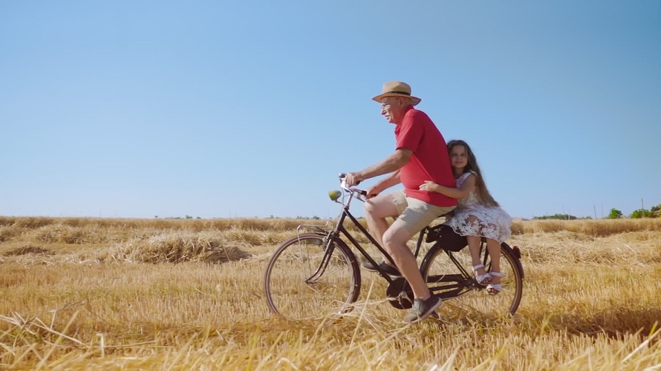 Blonde girl enjoys riding bicycle with grandpa on wheat field