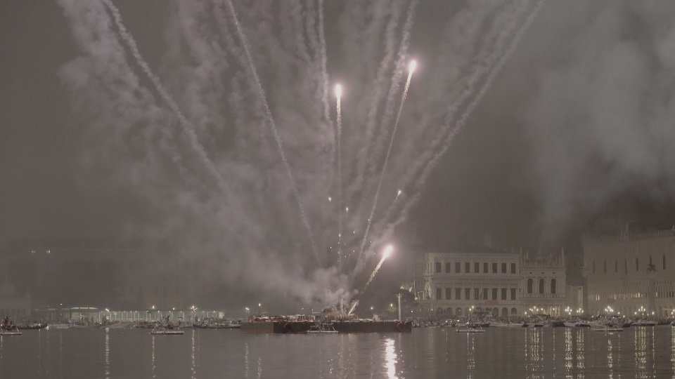 Incredible fireworks launched in air spreading dense smoke