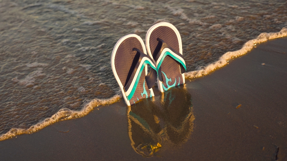flip flops in the sand of the beach by the sea