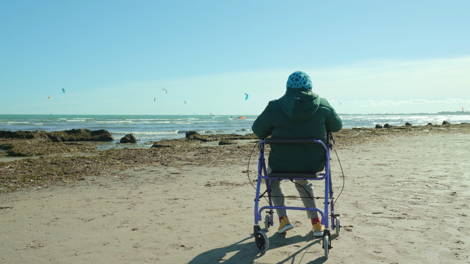Grandmother enjoys weather sitting on wheelchair near lagoon