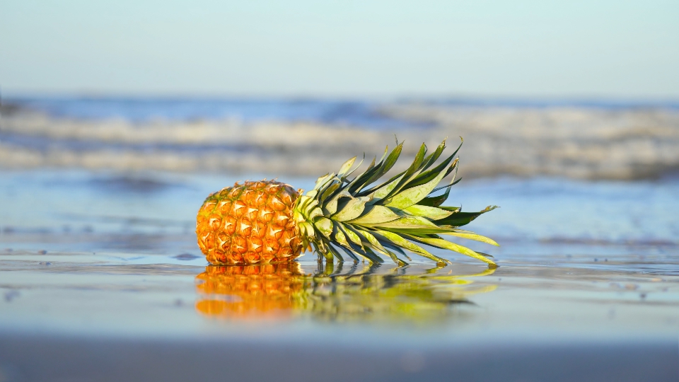 Ananas sdraiato sulla sabbia bagnata dalle onde del mare