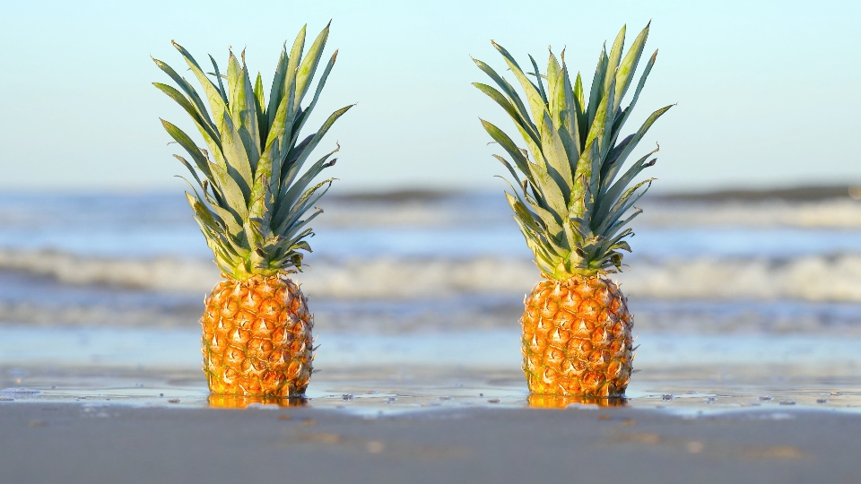 Ananas sulla sabbia bagnata al mare